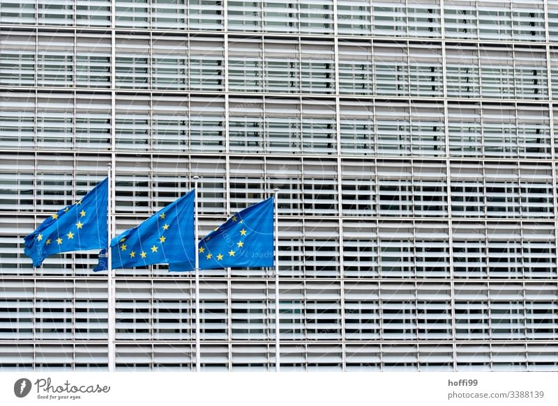 three European flags in front of the EU Commission Symmetry Central perspective Column Building Clean urban Line Pattern urban forms Structures and shapes