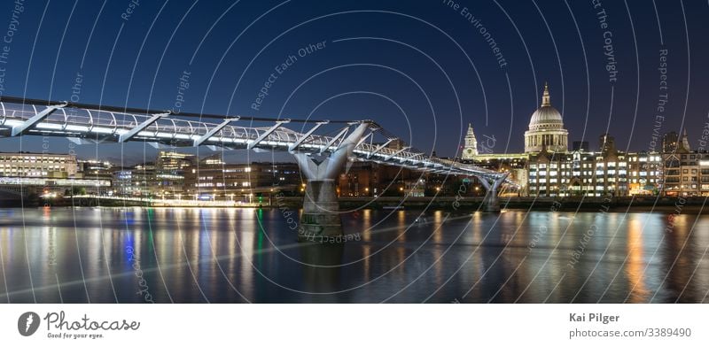 Long exposure of Saint Paul's Cathedral and Millennium Bridge at night ancient anglican architecture britain british building cathedral catholic catholicism