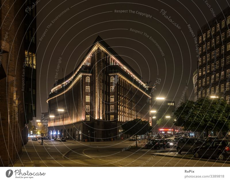 Historic office building in Hamburg. harbour Chilehaus Germany facade architecture city port landmark travel Europe modern brick blue tourism urban skyline dock