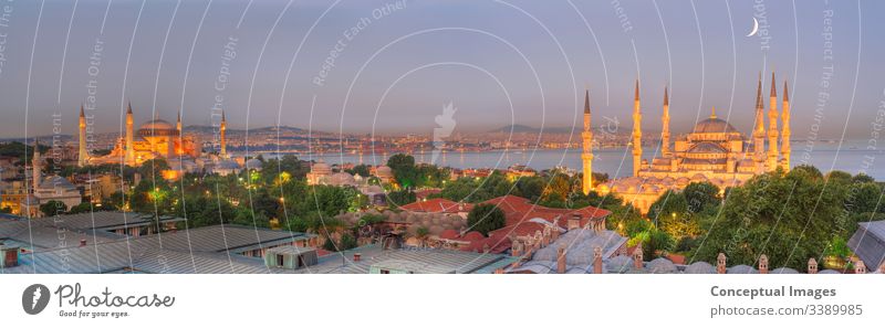Panoramic image of Istanbul skyline at dusk. Istanbul. Turkey. Asia. ahmed ancient arabic architectural architecture asia blue blue mosque blue mosque istanbul