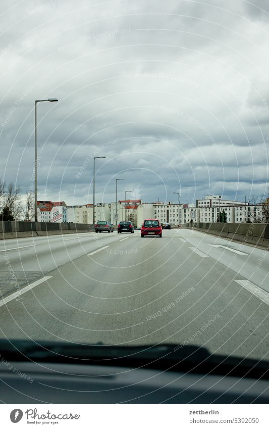 Berlin city motorway trace Road traffic off Street City highway Direction Navigation navi mark Curve Lane markings Highway Motoring Windscreen Sky cloud
