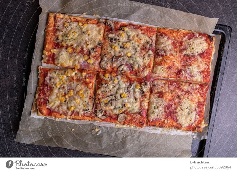 Homemade pizza on a baking tray, cut into pieces Pizza homemade Self-made baked Baking Fresh Baking tray Kitchen Cheese tomatoes Maize baking paper
