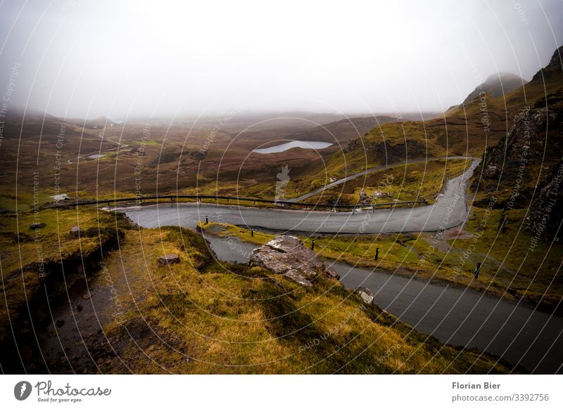 Pass road in the Highlands of Scotland pass road Street Asphalt Transport Connection Rain Bad weather Wet Gray Fog Green island life Island Europe brexite Empty