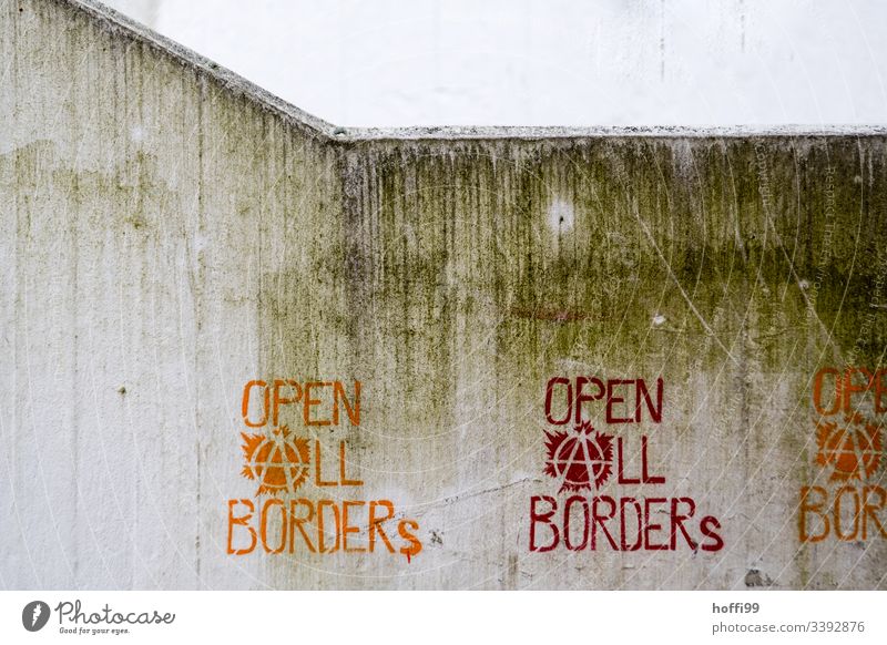 Demand Message Statement - Opens all borders Illustration graffiti open all borders Politics and state political expression Remark Concrete wall Dirty Gray Red