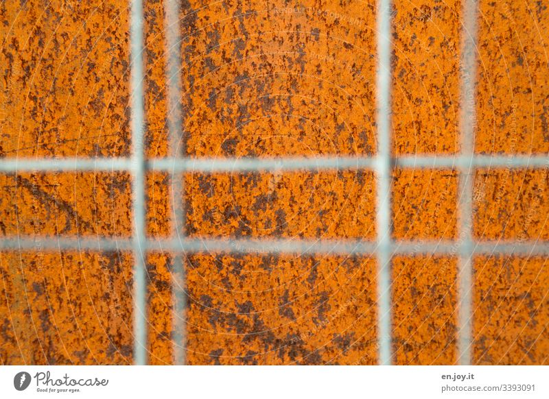 grate behind bars Rust corroded Old Corrosion Grating Hoarding Blur Orange Construction site Factory Industry