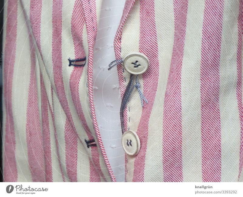 Close-up of a red-white striped ladies blazer with two buttons Blazer Ladies blazers Modern Fashion Buttons Stripe Clothing Colour photo Style Adults Detail