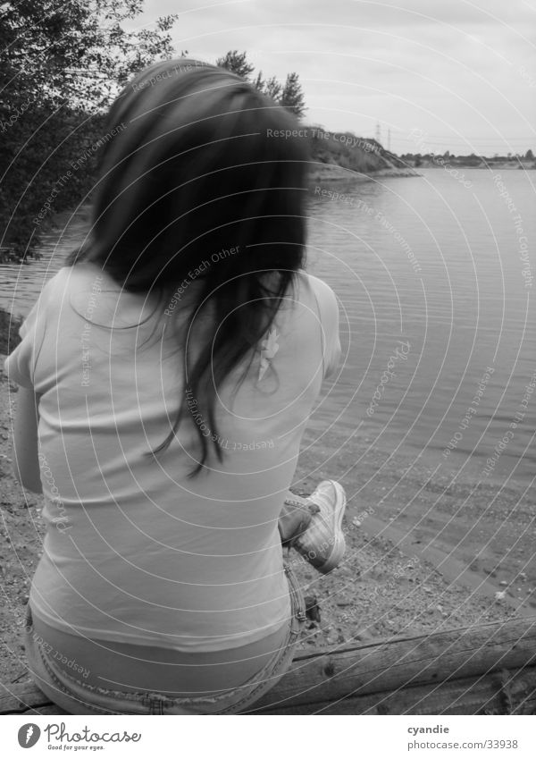 B/W Silence Woman Girl Lake Black & white photo Back Hair and hairstyles Sky Water Sand