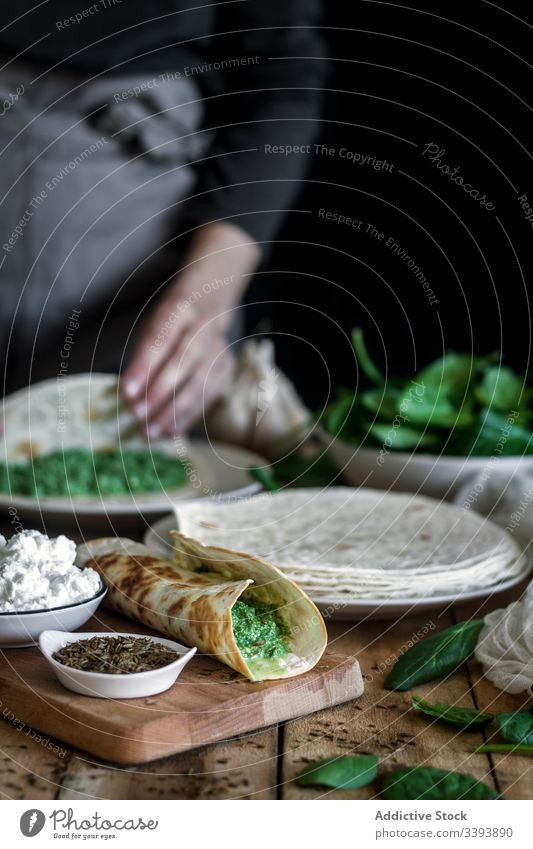 Grilled spinach fajitas served with cottage cheese and sauce tortilla grill table ingredient colorful green dish cuisine tasty tradition delicious meal food