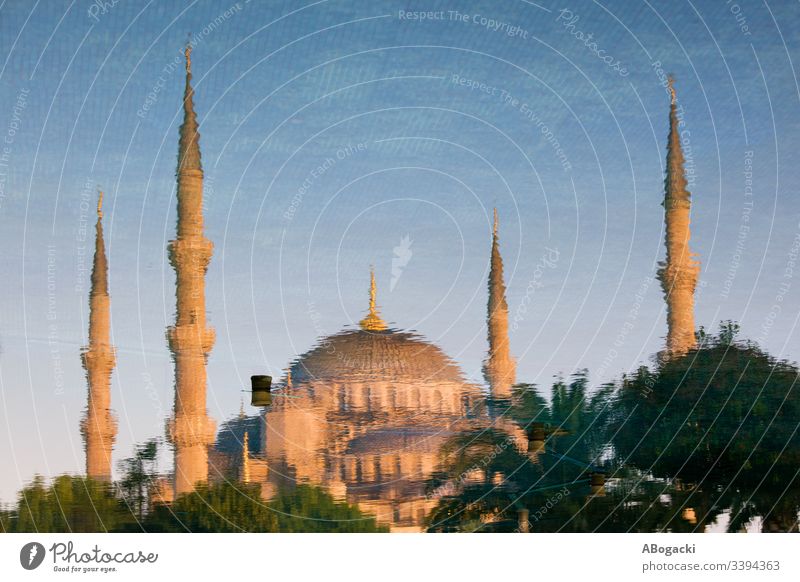 Blue Mosque Reflection In Water In Istanbul, Turkey mosque blue mosque istanbul turkey historic landmark building religious structure architecture exterior