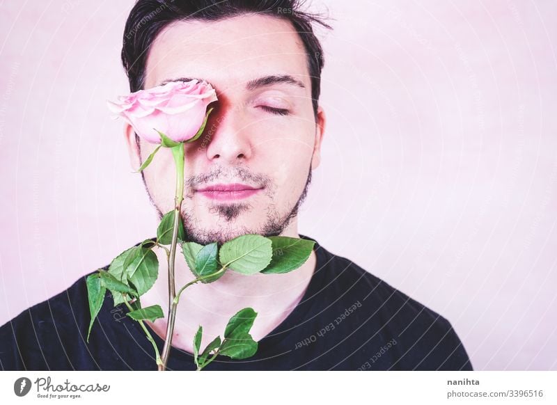 Portrait of new masculinity about a man with make up makeup male beauty gender trans transgender people real real people rose pink color flower delicate fragile
