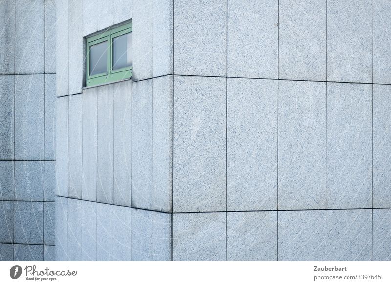 Grey facade of granite slabs with green window in bleak beauty Facade House (Residential Structure) Gray Window Green interstices Pattern Rectangle Gloomy