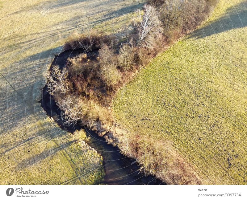 View from above frost-covered meadows Area flight Augsburg Brunnenbach aerial view bird's eye view cold copter copy space creek drone flight forest landscape