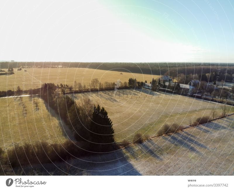 View from above frost-covered meadows Area flight Augsburg Brunnenbach aerial view bird's eye view cold copter copy space creek drone flight forest landscape