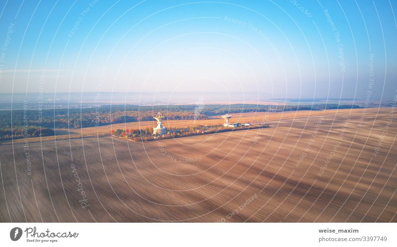 Ukrainian Center of space communication. Aerial view of arable agricultural field radio transmitter center astronomy radar antenna measuring technology