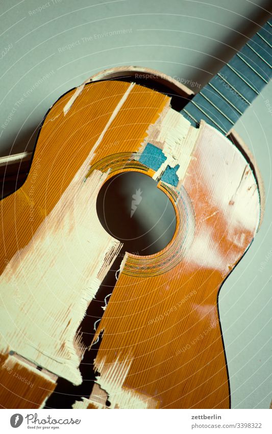 Broken guitar Breakage Fracture point Blanket Guitar Neck inboard tool Deserted Musical instrument stringed instrument Damage parts Copy Space Accident