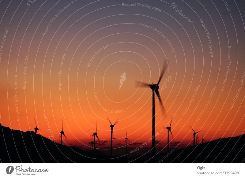 Silhouettes of Wind Turbines at Twilight alternative electric electricity energy environment environmental farm generation generator industrial industry