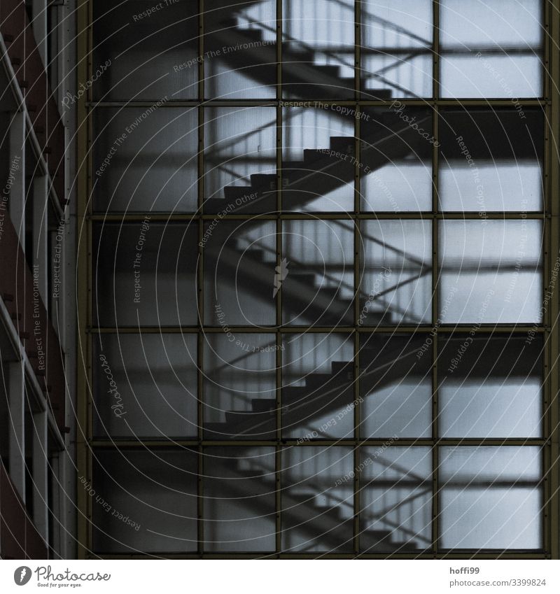 Exterior view of a staircase with matt glass facade Shallow depth of field Contrast Staircase (Hallway) Light Shadow High-rise Dull Frosted glass transparency