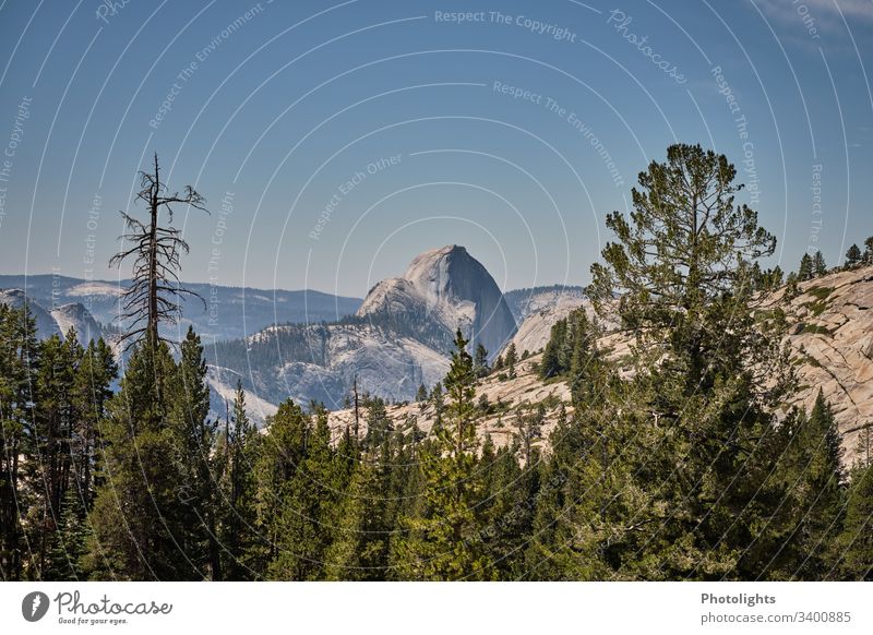 Yosemite National Park - Half Dome Impressive Elements Climate change Far-off places Sky Summer Rock Climbing Brown Gray Green Blue Sun Peak Hill