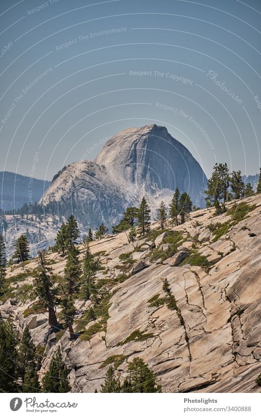 Yosemite National Park - Half Dome Impressive Elements Climate change Far-off places Sky Summer Rock Climbing Brown Gray Green Blue Sun Peak Hill