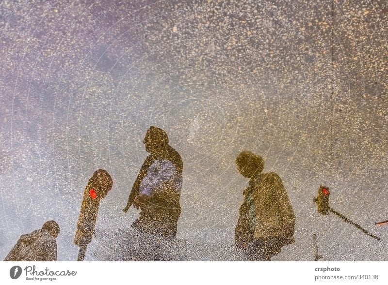 ampel coalition Human being Masculine Feminine 3 Road traffic Street Going Walking Barcelona Traffic light Asphalt Water Puddle Reflection Haste Colour photo