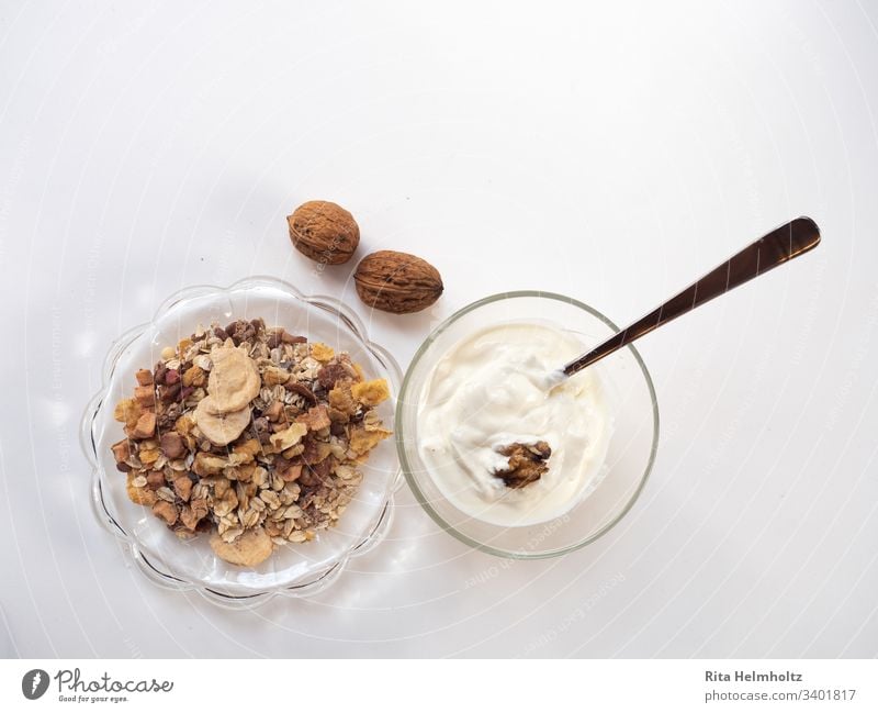 Breakfast with muesli and yoghurt have breakfast Cereal Yoghurt Delicious salubriously Fresh Glass Diat Snack Dessert White Healthy Healthy Eating Nutrition