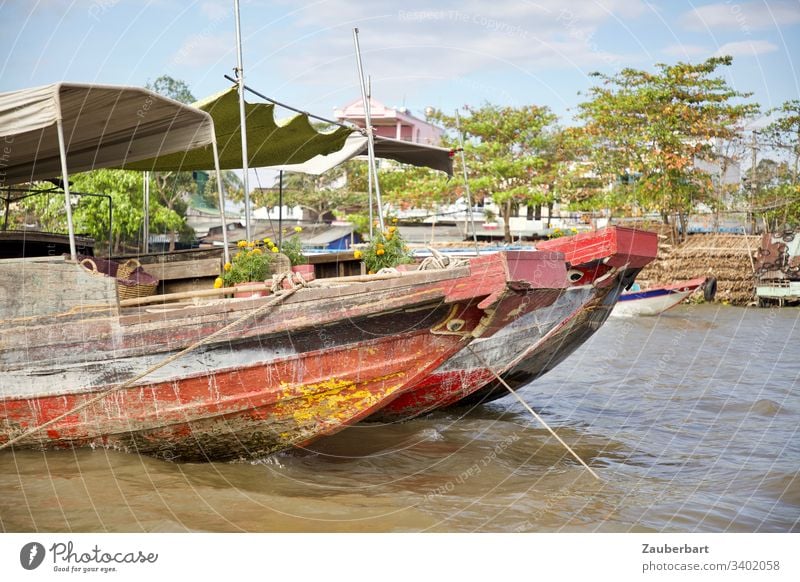 Two red boats against a green background on a floating market in the Mekong Delta, Vietnam Water Markets Red Watercraft Colour photo Exterior shot Asia