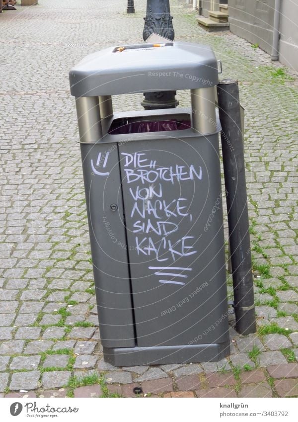 Litter bin with funny saying in pedestrian zone Graffiti communication waste bins Pedestrian precinct Word Language Funny Letters (alphabet) Typography Day