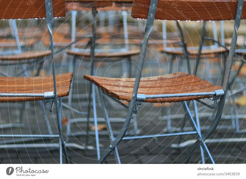 Folding chairs in the restaurant in the rain Chair Restaurant Rain Roadhouse Sit Seat Eating Drinking Break raindrops Drop Wet Damp Spring Autumn Water Close-up