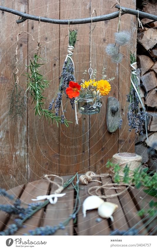 Herbs hang on the branch to dry herbs Dry Rosemary Lavender Nasturtium plants Herbs and spices Garlic String Garden Marigold Wood wooden background