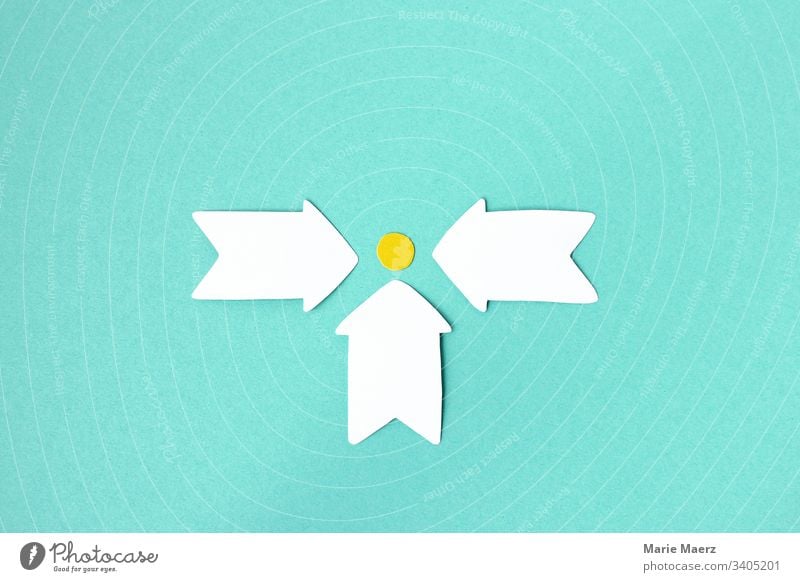 Together to the goal | Three arrows point from different directions to a common goal Arrow crafted Paper Abstract Neutral Background Copy Space Colour photo