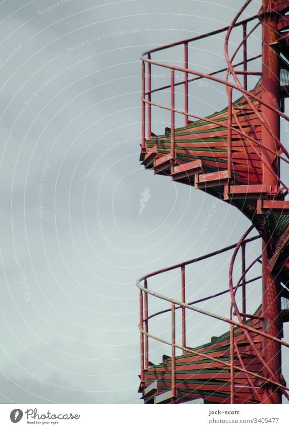 Fire red spiral staircase connects the very bottom with the very top Sky Winding staircase Banister Metal Spiral Modern Red Safety Level Lanes & trails Symmetry