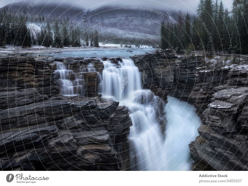 Waterfall cascade on mountain river waterfall rock forest nature landscape stream flow wild scenic travel tourism stone environment splash scenery tree