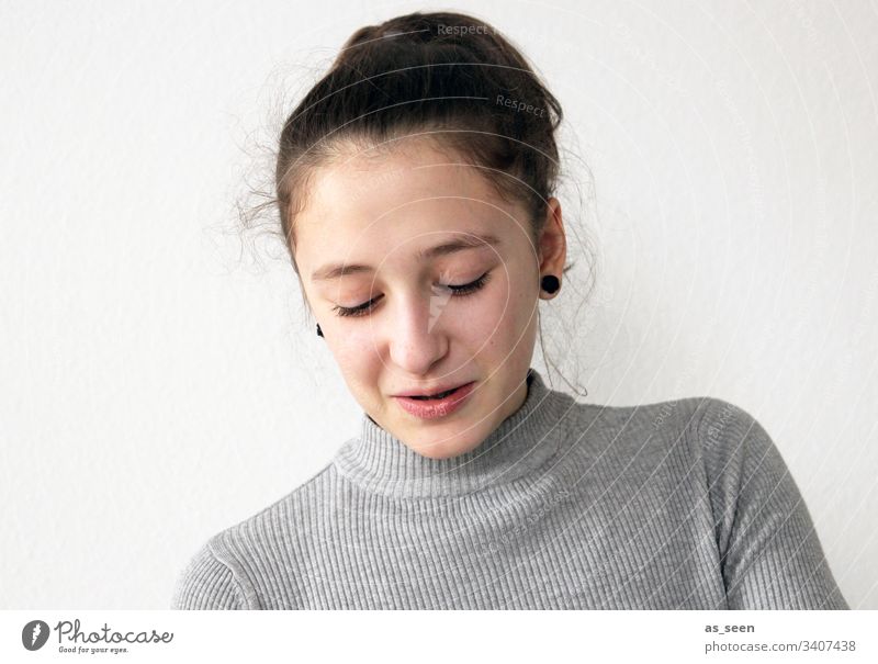 Girl in conversation looking down Youth (Young adults) Portrait photograph Beautiful Human being Smiling talk Communicate Downward Eyelash Brunette Braids