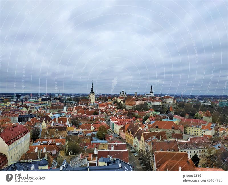 Grey sky over upper and lower town of Tallinn estonia architecture church cityscape view building landmark tower urban panorama old tallinn europe cathedral