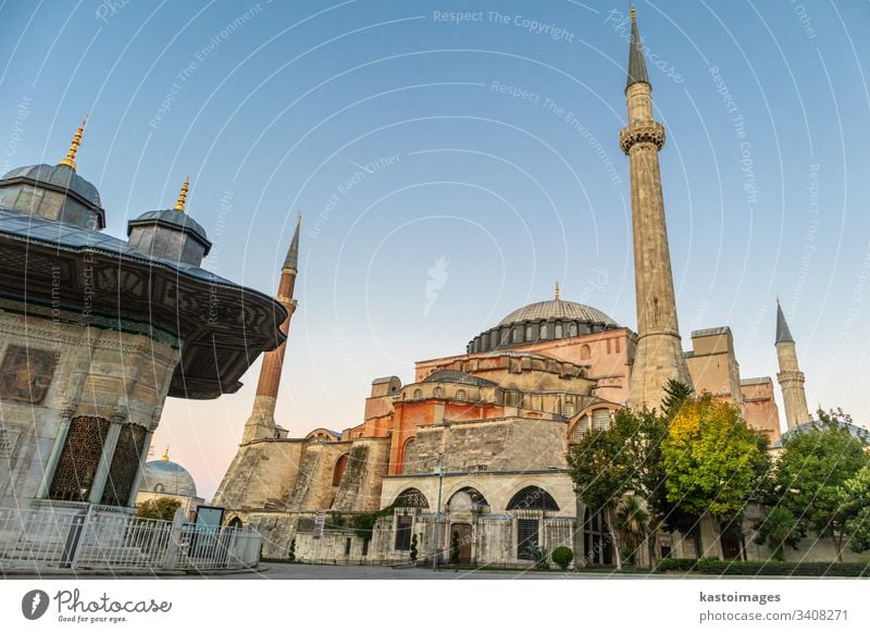Hagia Sophia domes and minarets in the old town of Istanbul, Turkey, at sunrise. istanbul mosque turkey landmark hagia sophia architecture building islam