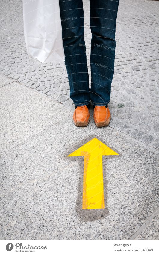 Orange Shoe Shopping Human being Feminine Woman Adults Legs Feet 1 Clothing Pants Jeans Footwear Yellow Gray Dog Denim Paper bag Arrow Face Signs and labeling