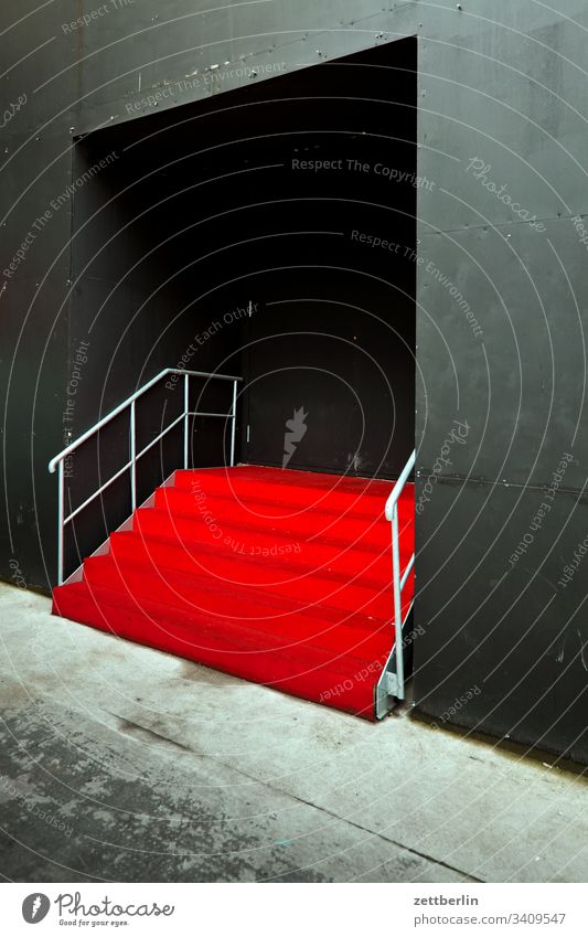 Red carpet sales Descent Downward ascent Upward Entrance Window Handrail Deserted Portal Stage Carpet Copy Space Stairs Landing Banister step Wall (building)