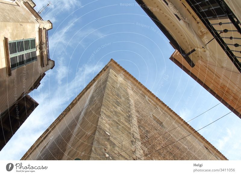 Facades and house walls from the frog's eye view with blue sky and few clouds Building Window Architecture House (Residential Structure) Town Deserted