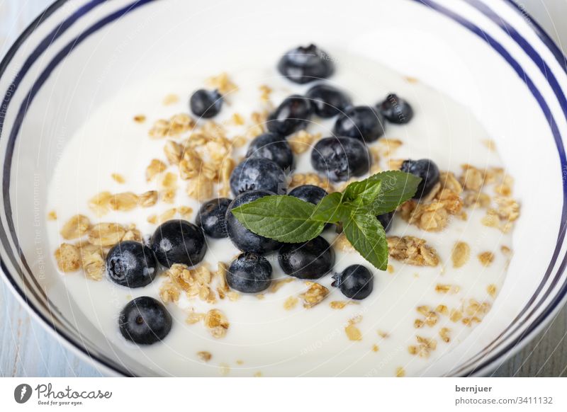Blueberries with muesli and yoghurt in a bowl Blueberry muesli blueberry Cereal Yoghurt vegetarian Oat flakes Fruity nourishing Protein freshness Above Morning