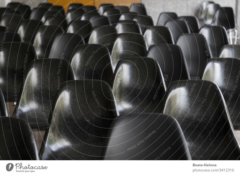 unoccupied chairs in a lecture room unmanned Empty Quarantine period Lecture theater Event refusal Chair rows Deserted Places Free Colour photo Seating