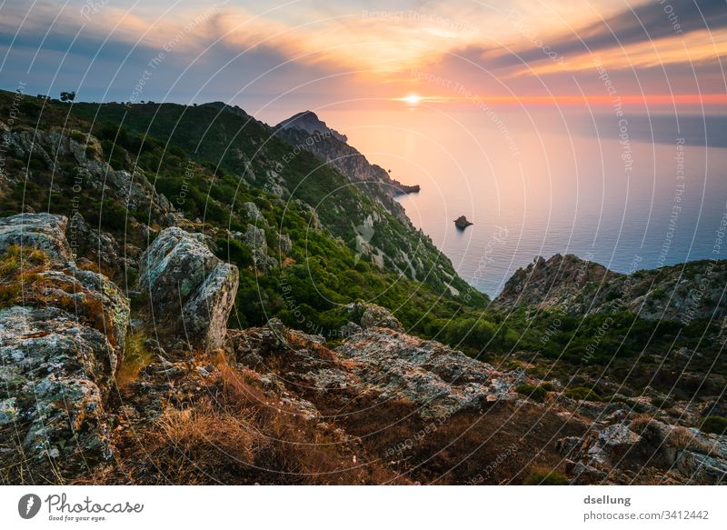 Sunset from the height, stones in the foreground colourful Natural Sunlight Exterior shot Landscape Sunrise Beautiful Colour Nature Light Green Blue rock Stone