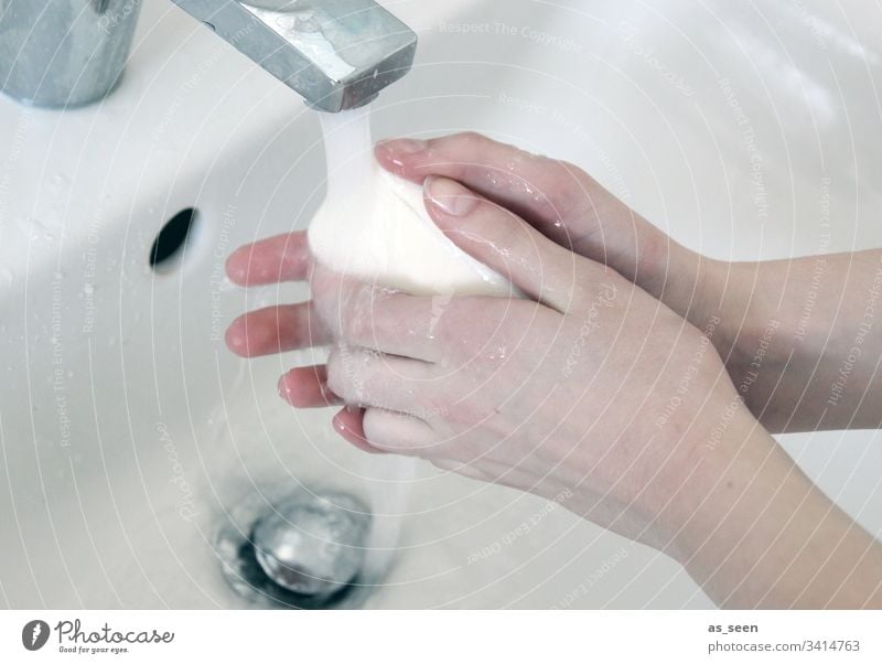 Washing hands Hand purge hygiene Clean Water Sink Wash hands Colour photo Wet Personal hygiene Healthy Bathroom Interior shot Close-up Soap White Tap