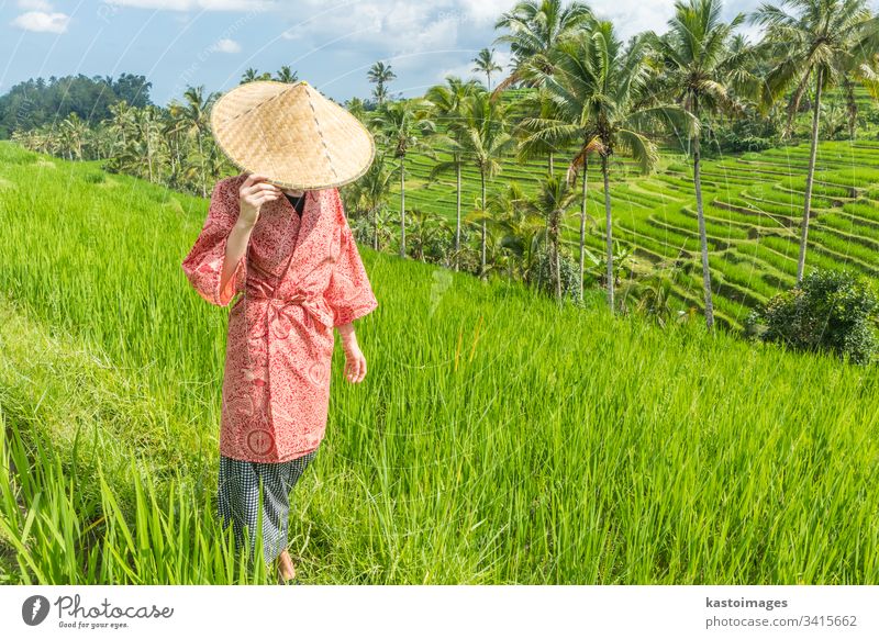 Relaxed fashionable caucasian woman wearing red asian style kimono and traditional asian paddy hat walking amoung beautiful green rice fields and terraces on Bali island