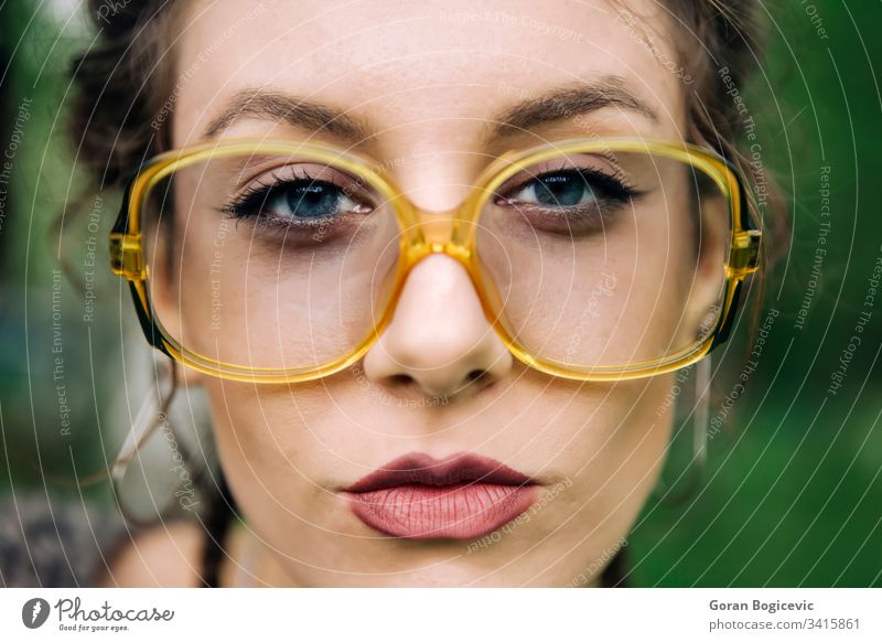 Portrait of young woman lips face female portrait beautiful glasses adult girl looking caucasian person pretty attractive expression eyewear closeup eyeglasses