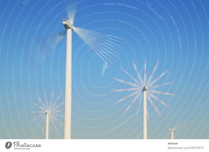 four differently distant wind turbines with multiple exposure Pinwheel Rotation Energy wind power Rotate Physics energy generation Blue Sky Rotor Grand piano