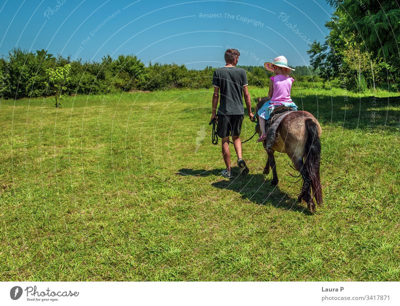 Little girl riding a pony in a green field in summer activity animal at the countryside at the farm beautiful breed care child childhood cute equestrian