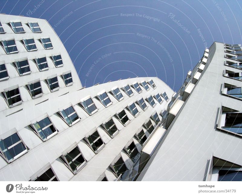 look up 01 House (Residential Structure) White Window Building Architecture Sky Duesseldorf Harbour Gehry buildings media harbour Blue
