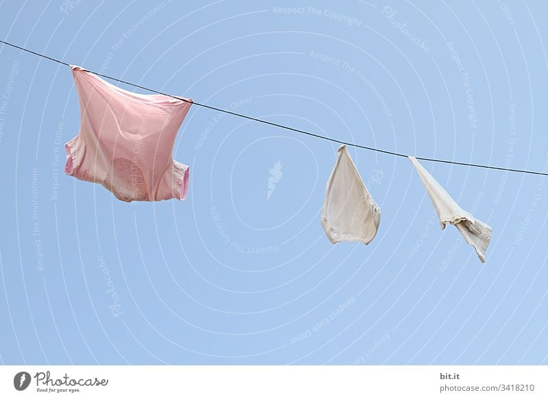 The freshly washed pink t-shirt shows the white underpants to the old washcloth, in front of a blue sky, how to hang wet and fragrant on the rope of the washing line to dry in good weather.