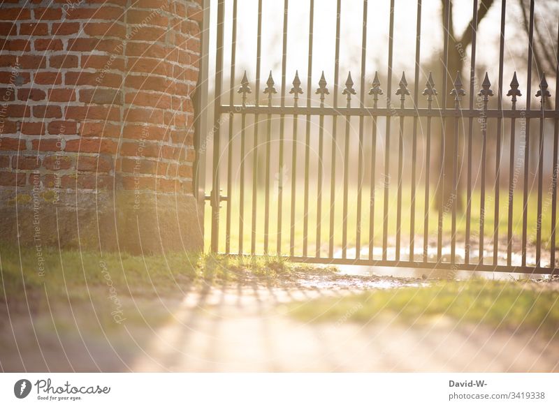 Sunlight shines through the gate in the park Spring Park Goal locked cordoned off out Deserted Beautiful weather Exterior shot Colour photo Light Summer