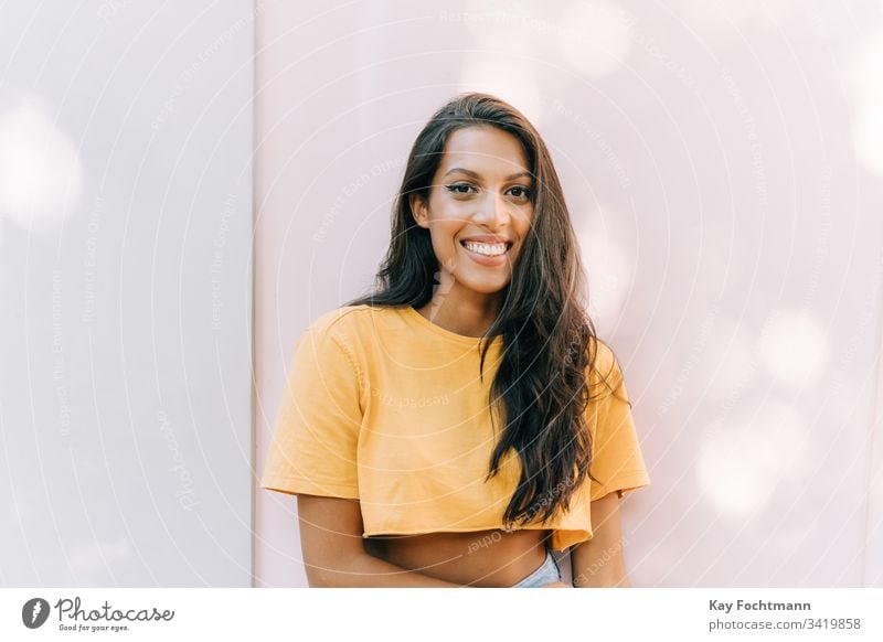 Image Of Smiling Teenage Girl On White Background Stock Photo